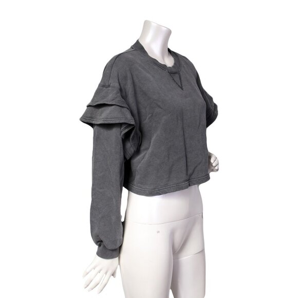 7 For All Mankind Ruffled Cropped Sweatshirt Sweater Grey Crewneck NEW - Picture 5 of 8